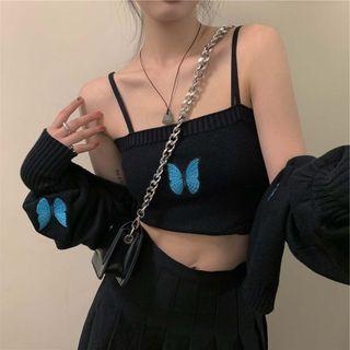 Set: Butterfly Embroidered Cropped Cardigan + Camisole Top