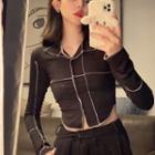 Long-sleeve Contrast Stitch Cropped Knit Top Black - One Size