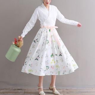 V-neck Long-sleeve Top + Chiffon Skirt