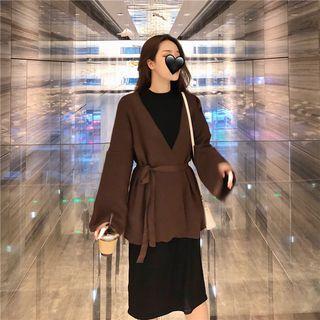 Mock-neck Long-sleeve Dress / Open Front Tie Waist Knit Jacket