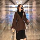 Mock-neck Long-sleeve Dress / Open Front Tie Waist Knit Jacket