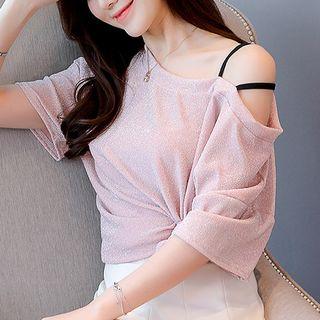 Elbow-sleeve Asymmetric Cold Shoulder T-shirt