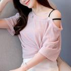 Elbow-sleeve Asymmetric Cold Shoulder T-shirt