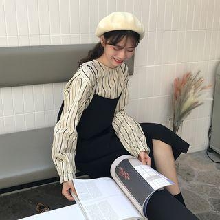 Striped Long-sleeve Loose-fit Blouse / Plain Sleeveless Dress