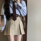 Lettering Embroidered Shirt / Pleated Mini Skirt With Belt