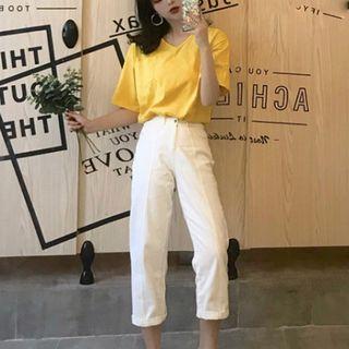 Plain Elbow Sleeve T-shirt / Cropped Straight Cut Pants