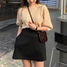 Crewneck Rib-knit Top / A-line Mini Skirt