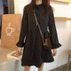 Dotted Long-sleeve A-line Dress White Dot - Black - One Size