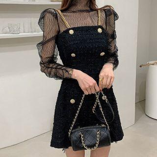 Sheer Panel Chained Tweed A-line Dress