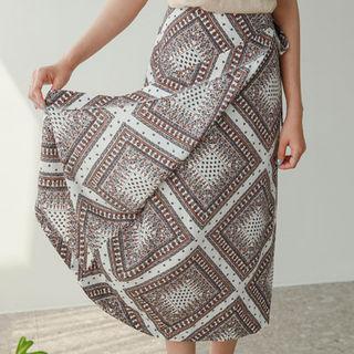 Patterned Surplice-wrap Midi Skirt