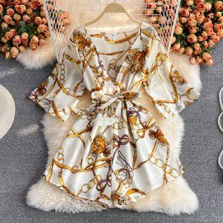 V-neck Retro Print Elbow-sleeve Playsuit