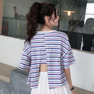 Striped Slit-back Short-sleeve T-shirt
