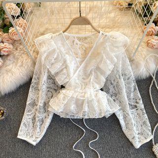 V-neck Lace Ruffle Puff-sleeve Top