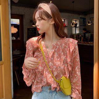 Floral Print Ruffled Chiffon Blouse / Midi A-line Skirt
