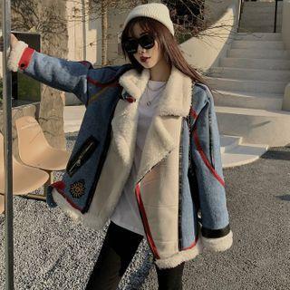 Furry Trim Fleece-lined Denim Panel Embroidered Jacket