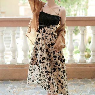 Set: Spaghetti Strap Floral Panel Midi A-line Dress + Cardigan