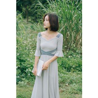Elbow-sleeve Two-tone A-line Maxi Dress