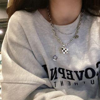 Checker Print Bear Necklace Black & White & Silver - One Size