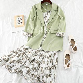Set: Spaghetti Strap Patterned A-line Midi Dress + Blazer