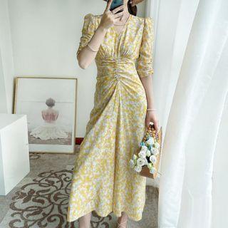 Elbow-sleeve V-neck Shirred Floral Dress