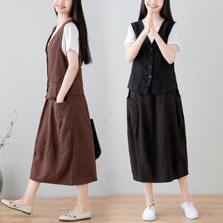 Set: V-neck Vest + Pocket Detail Midi Skirt