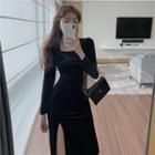 Square-neck Dot Long-sleeve Slit-side Dress