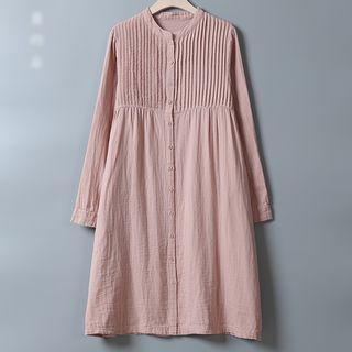 Pleated Stand Collar Long-sleeve Shirtdress