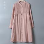 Pleated Stand Collar Long-sleeve Shirtdress