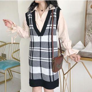 Flare Sleeve Shirt / Plaid Long Knit Vest