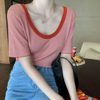 Short-sleeve Striped Crew-neck Top