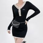 V-neck Fleece Trim Knit Mini Sheath Dress