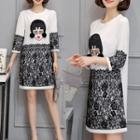 Lace Panel 3/4-sleeve Shift Dress