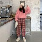Faux-fur Pullover / Plaid Harem Pants