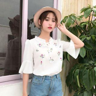 Elbow Sleeve Frilled Trim Embroidered Chiffon Top