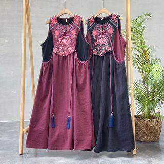 Sleeveless Frog-button Embroidered Maxi A-line Dress
