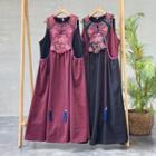 Sleeveless Frog-button Embroidered Maxi A-line Dress
