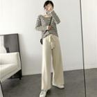 Set: Striped Long-sleeve T-shirt + High-waist Wide-leg Pants