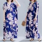 Short-sleeve Floral Print A-line Maxi Dress As Shown In Figure - One Size