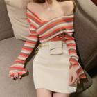 Long-sleeve Striped Off Shoulder Top / Faux Leather A-line Mini Skirt