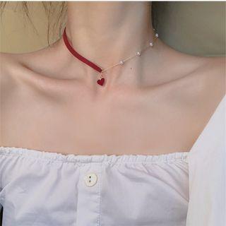 Faux Pearl Panel Heart Choker Red & Gold - One Size