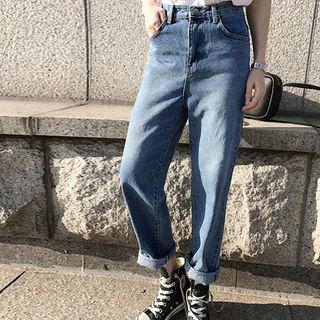 Roll-up Hem Washed Baggy-fit Jeans