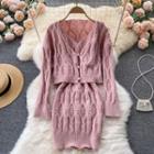 Set Of 2 : Knit Suspender Skirt + Long-sleeve Knit Long-sleeve Cardigan Pink - One Size