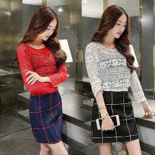 Set: Long-sleeve Cutout Top + Check Skirt