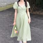 Puff-sleeve Access-flower Maxi Dress
