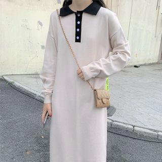 Long-sleeve Knit Midi Shift Polo Dress