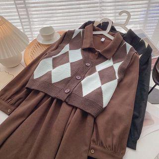 Set: Long-sleeve Dress + Argyle Knit Vest