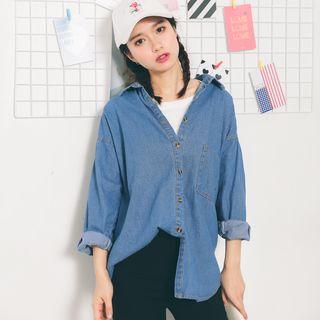 Plain Loose-fit Long-sleeve Denim Shirt