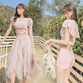 Set: Drawstring-front Swim Top + Swim Shorts + Mesh Cover Up Skirt