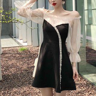 Off-shoulder Sheer Panel A-line Dress
