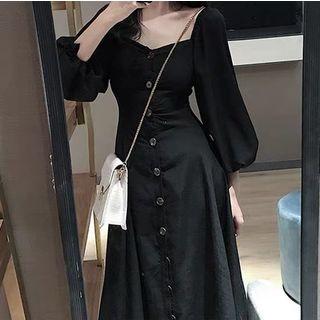Lantern-sleeve Square Collar Midi Dress
